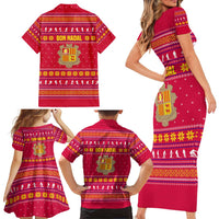 Bon Nadal Andorra Christmas Family Matching Short Sleeve Bodycon Dress and Hawaiian Shirt with Fox Snowy Trees and Andorran Flag - Wonder Print Shop