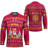 Bon Nadal Andorra Christmas Hockey Jersey with Fox Snowy Trees and Andorran Flag - Wonder Print Shop