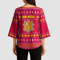 Bon Nadal Andorra Christmas Kimono Sleeve Blouse with Fox Snowy Trees and Andorran Flag - Wonder Print Shop