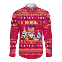 Bon Nadal Andorra Christmas Long Sleeve Button Shirt with Fox Snowy Trees and Andorran Flag - Wonder Print Shop