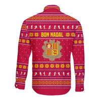 Bon Nadal Andorra Christmas Long Sleeve Button Shirt with Fox Snowy Trees and Andorran Flag - Wonder Print Shop
