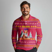 Bon Nadal Andorra Christmas Long Sleeve Polo Shirt with Fox Snowy Trees and Andorran Flag - Wonder Print Shop