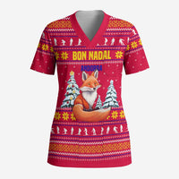 Bon Nadal Andorra Christmas Scrub Top with Fox Snowy Trees and Andorran Flag - Wonder Print Shop