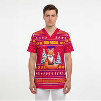 Bon Nadal Andorra Christmas Scrub Top with Fox Snowy Trees and Andorran Flag - Wonder Print Shop