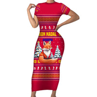 Bon Nadal Andorra Christmas Short Sleeve Bodycon Dress with Fox Snowy Trees and Andorran Flag - Wonder Print Shop