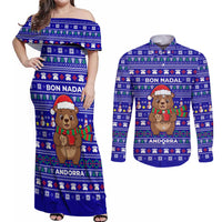 Bon Nadal Andorra Christmas Couples Matching Off Shoulder Maxi Dress and Long Sleeve Button Shirt Holiday Bear, Snowflakes, Paw Prints & Winter - Wonder Print Shop