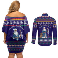 Armenia Christmas Couples Matching Off Shoulder Short Dress and Long Sleeve Button Shirt with Santa Claus Shnorhavor Surb Tsnund and Gift Bag Pattern - Wonder Print Shop