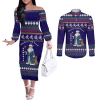 Armenia Christmas Couples Matching Off The Shoulder Long Sleeve Dress and Long Sleeve Button Shirt with Santa Claus Shnorhavor Surb Tsnund and Gift Bag Pattern - Wonder Print Shop