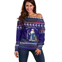 Armenia Christmas Off Shoulder Sweater with Santa Claus Shnorhavor Surb Tsnund and Gift Bag Pattern - Wonder Print Shop