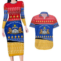 Armenia Christmas Couples Matching Long Sleeve Bodycon Dress and Hawaiian Shirt with Shnorhavor Surb Tsnund Lions Flag Colors and Coat of Arms - Wonder Print Shop
