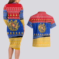 Armenia Christmas Couples Matching Long Sleeve Bodycon Dress and Hawaiian Shirt with Shnorhavor Surb Tsnund Lions Flag Colors and Coat of Arms - Wonder Print Shop