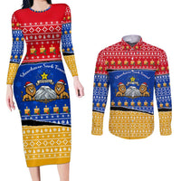 Armenia Christmas Couples Matching Long Sleeve Bodycon Dress and Long Sleeve Button Shirt with Shnorhavor Surb Tsnund Lions Flag Colors and Coat of Arms - Wonder Print Shop