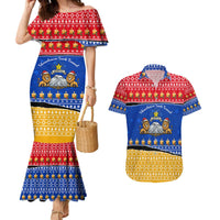 Armenia Christmas Couples Matching Mermaid Dress and Hawaiian Shirt with Shnorhavor Surb Tsnund Lions Flag Colors and Coat of Arms - Wonder Print Shop