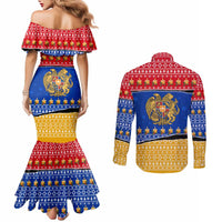 Armenia Christmas Couples Matching Mermaid Dress and Long Sleeve Button Shirt with Shnorhavor Surb Tsnund Lions Flag Colors and Coat of Arms - Wonder Print Shop