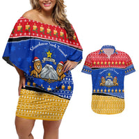 Armenia Christmas Couples Matching Off Shoulder Short Dress and Hawaiian Shirt with Shnorhavor Surb Tsnund Lions Flag Colors and Coat of Arms - Wonder Print Shop