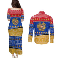 Armenia Christmas Couples Matching Puletasi and Long Sleeve Button Shirt with Shnorhavor Surb Tsnund Lions Flag Colors and Coat of Arms - Wonder Print Shop