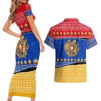 Armenia Christmas Couples Matching Short Sleeve Bodycon Dress and Hawaiian Shirt with Shnorhavor Surb Tsnund Lions Flag Colors and Coat of Arms - Wonder Print Shop