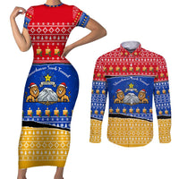 Armenia Christmas Couples Matching Short Sleeve Bodycon Dress and Long Sleeve Button Shirt with Shnorhavor Surb Tsnund Lions Flag Colors and Coat of Arms - Wonder Print Shop
