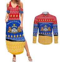 Armenia Christmas Couples Matching Summer Maxi Dress and Long Sleeve Button Shirt with Shnorhavor Surb Tsnund Lions Flag Colors and Coat of Arms - Wonder Print Shop