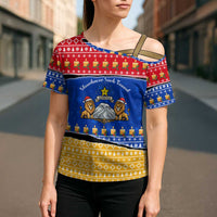 Armenia Christmas Cross Shoulder Shirt with Shnorhavor Surb Tsnund Lions Flag Colors and Coat of Arms - Wonder Print Shop
