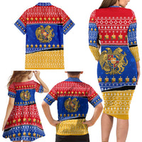 Armenia Christmas Family Matching Long Sleeve Bodycon Dress and Hawaiian Shirt with Shnorhavor Surb Tsnund Lions Flag Colors and Coat of Arms - Wonder Print Shop