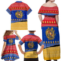 Armenia Christmas Family Matching Off Shoulder Maxi Dress and Hawaiian Shirt with Shnorhavor Surb Tsnund Lions Flag Colors and Coat of Arms - Wonder Print Shop