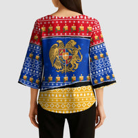 Armenia Christmas Kimono Sleeve Blouse with Shnorhavor Surb Tsnund Lions Flag Colors and Coat of Arms - Wonder Print Shop