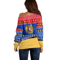 Armenia Christmas Off Shoulder Sweater with Shnorhavor Surb Tsnund Lions Flag Colors and Coat of Arms - Wonder Print Shop