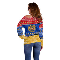 Armenia Christmas Off Shoulder Sweater with Shnorhavor Surb Tsnund Lions Flag Colors and Coat of Arms - Wonder Print Shop
