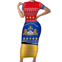 Armenia Christmas Short Sleeve Bodycon Dress with Shnorhavor Surb Tsnund Lions Flag Colors and Coat of Arms - Wonder Print Shop