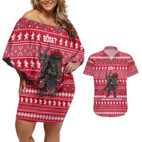 Austria Christmas Couples Matching Off Shoulder Short Dress and Hawaiian Shirt with German Text Red Pattern and Festive Lights - Wonder Print Shop
