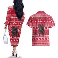 Austria Christmas Couples Matching Off The Shoulder Long Sleeve Dress and Hawaiian Shirt with German Text Red Pattern and Festive Lights - Wonder Print Shop