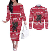 Austria Christmas Couples Matching Off The Shoulder Long Sleeve Dress and Long Sleeve Button Shirt with German Text Red Pattern and Festive Lights - Wonder Print Shop