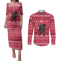 Austria Christmas Couples Matching Puletasi and Long Sleeve Button Shirt with German Text Red Pattern and Festive Lights - Wonder Print Shop