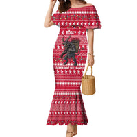 Austria Christmas Family Matching Mermaid Dress and Hawaiian Shirt with German Text Red Pattern and Festive Lights - Wonder Print Shop