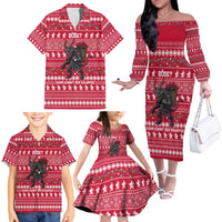 Austria Christmas Family Matching Off The Shoulder Long Sleeve Dress and Hawaiian Shirt with German Text Red Pattern and Festive Lights - Wonder Print Shop