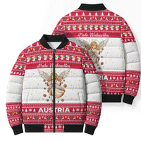 Austria Christmas Bomber Puffer Jacket with Frohe Weihnachten Angel Design and Red White Holiday - Wonder Print Shop