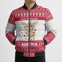 Austria Christmas Bomber Puffer Jacket with Frohe Weihnachten Angel Design and Red White Holiday - Wonder Print Shop