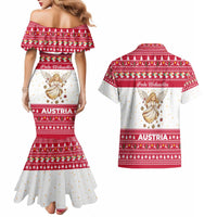 Austria Christmas Couples Matching Mermaid Dress and Hawaiian Shirt with Frohe Weihnachten Angel Design and Red White Holiday - Wonder Print Shop