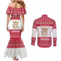 Austria Christmas Couples Matching Mermaid Dress and Long Sleeve Button Shirt with Frohe Weihnachten Angel Design and Red White Holiday - Wonder Print Shop