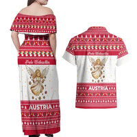 Austria Christmas Couples Matching Off Shoulder Maxi Dress and Hawaiian Shirt with Frohe Weihnachten Angel Design and Red White Holiday - Wonder Print Shop