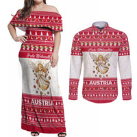 Austria Christmas Couples Matching Off Shoulder Maxi Dress and Long Sleeve Button Shirt with Frohe Weihnachten Angel Design and Red White Holiday - Wonder Print Shop