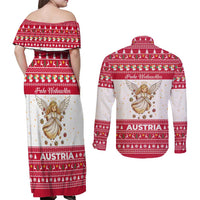 Austria Christmas Couples Matching Off Shoulder Maxi Dress and Long Sleeve Button Shirt with Frohe Weihnachten Angel Design and Red White Holiday - Wonder Print Shop