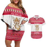Austria Christmas Couples Matching Off Shoulder Short Dress and Hawaiian Shirt with Frohe Weihnachten Angel Design and Red White Holiday - Wonder Print Shop