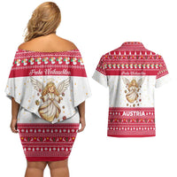 Austria Christmas Couples Matching Off Shoulder Short Dress and Hawaiian Shirt with Frohe Weihnachten Angel Design and Red White Holiday - Wonder Print Shop