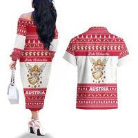 Austria Christmas Couples Matching Off The Shoulder Long Sleeve Dress and Hawaiian Shirt with Frohe Weihnachten Angel Design and Red White Holiday - Wonder Print Shop