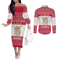 Austria Christmas Couples Matching Off The Shoulder Long Sleeve Dress and Long Sleeve Button Shirt with Frohe Weihnachten Angel Design and Red White Holiday - Wonder Print Shop