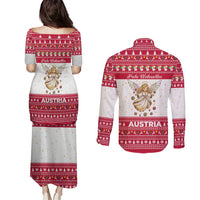 Austria Christmas Couples Matching Puletasi and Long Sleeve Button Shirt with Frohe Weihnachten Angel Design and Red White Holiday - Wonder Print Shop