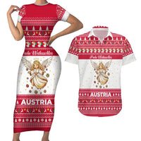 Austria Christmas Couples Matching Short Sleeve Bodycon Dress and Hawaiian Shirt with Frohe Weihnachten Angel Design and Red White Holiday - Wonder Print Shop