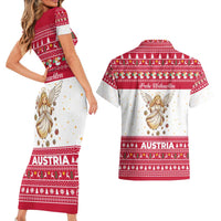 Austria Christmas Couples Matching Short Sleeve Bodycon Dress and Hawaiian Shirt with Frohe Weihnachten Angel Design and Red White Holiday - Wonder Print Shop